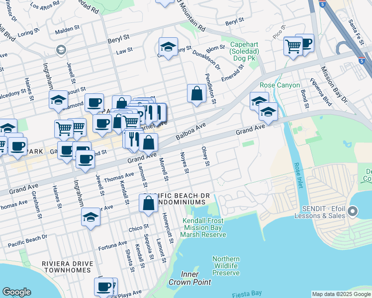 map of restaurants, bars, coffee shops, grocery stores, and more near 2109 Grand Avenue in San Diego