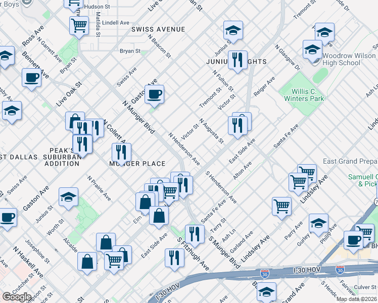 map of restaurants, bars, coffee shops, grocery stores, and more near 5301 Reiger Avenue in Dallas