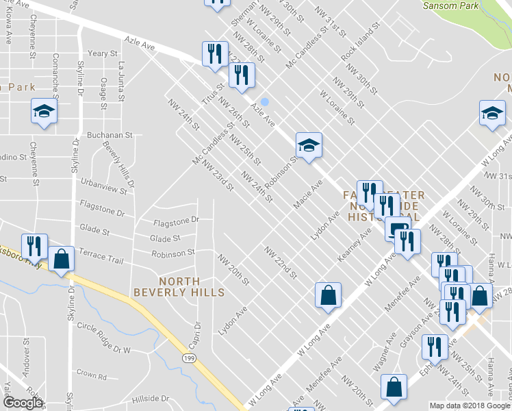 map of restaurants, bars, coffee shops, grocery stores, and more near 3040 Northwest 23rd Street in Fort Worth