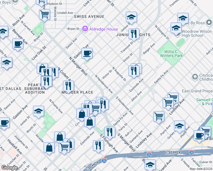 map of restaurants, bars, coffee shops, grocery stores, and more near 5301 Reiger Avenue in Dallas