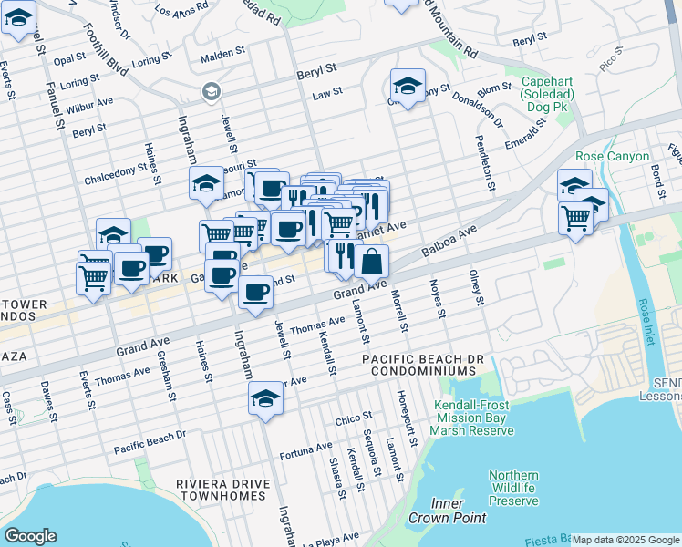 map of restaurants, bars, coffee shops, grocery stores, and more near 1854 Grand Avenue in San Diego