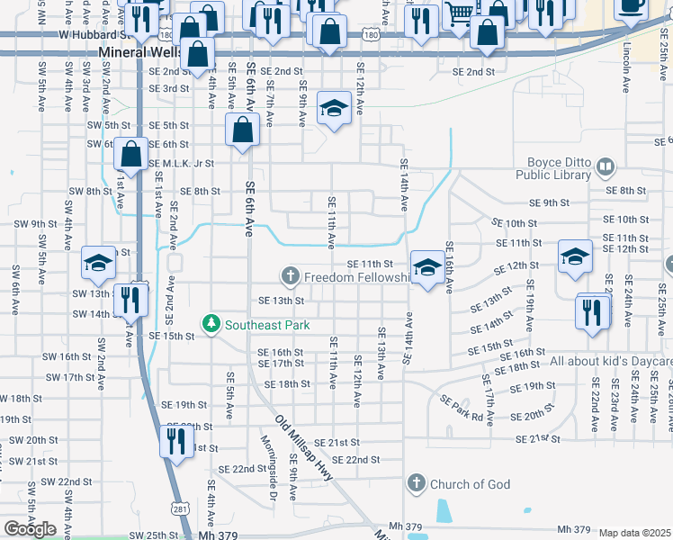 map of restaurants, bars, coffee shops, grocery stores, and more near 1208 Southeast 12th Street in Mineral Wells