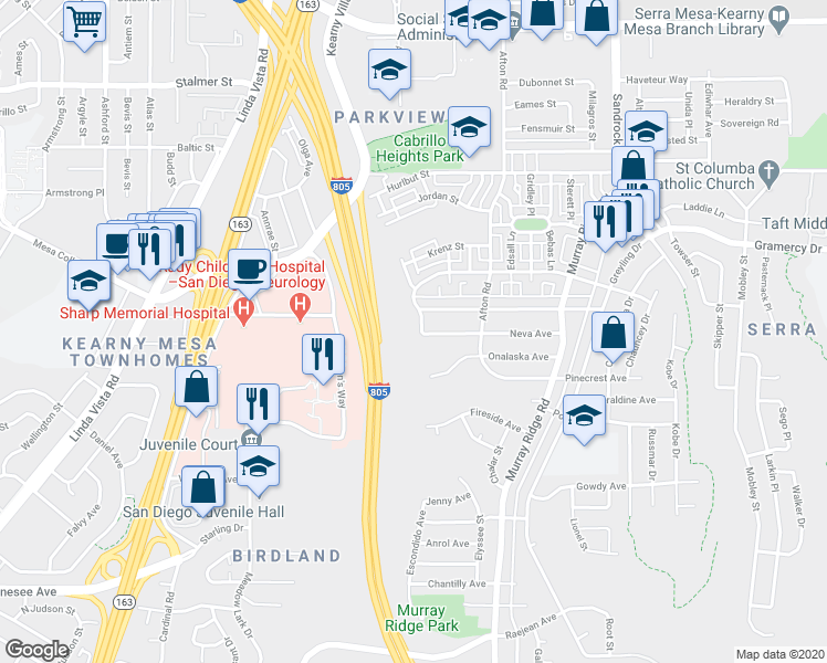 map of restaurants, bars, coffee shops, grocery stores, and more near 8220 Larkdale Avenue in San Diego
