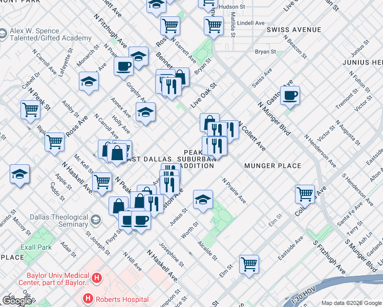 map of restaurants, bars, coffee shops, grocery stores, and more near 1002 Annex Avenue in Dallas