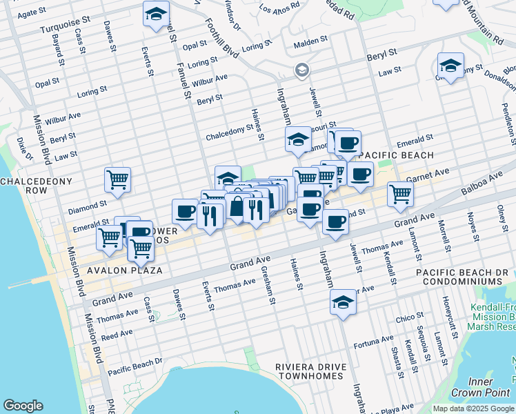 map of restaurants, bars, coffee shops, grocery stores, and more near 1400 Garnet Avenue in San Diego