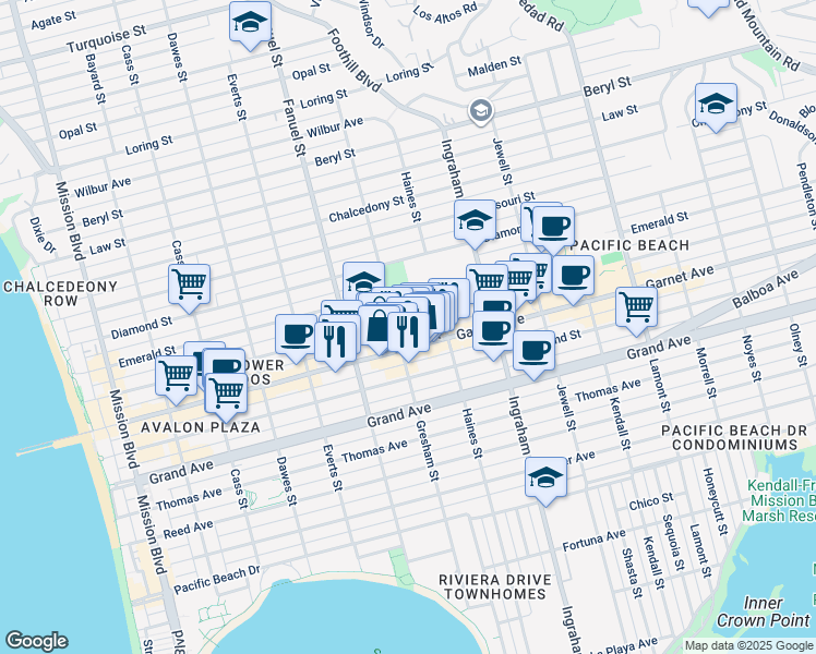 map of restaurants, bars, coffee shops, grocery stores, and more near 1413 Felspar Street in San Diego