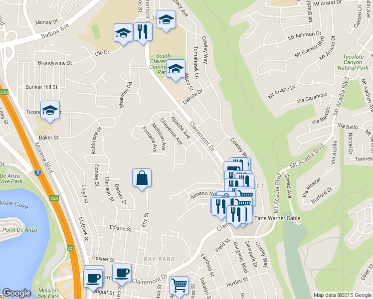 map of restaurants, bars, coffee shops, grocery stores, and more near Blackfoot Ave & Cheyenne Ave in San Diego