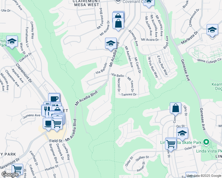 map of restaurants, bars, coffee shops, grocery stores, and more near 3173 Via Arcilla in San Diego