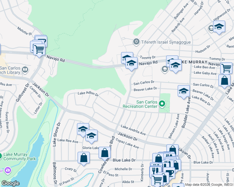map of restaurants, bars, coffee shops, grocery stores, and more near 7844 Lake Tahoe Avenue in San Diego