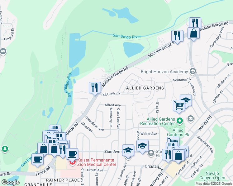 map of restaurants, bars, coffee shops, grocery stores, and more near 4850 Old Cliffs Road in San Diego