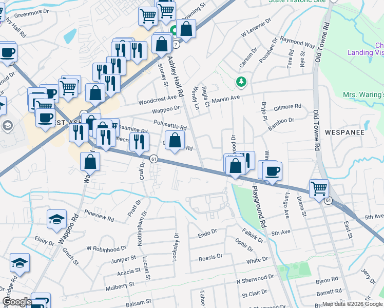 map of restaurants, bars, coffee shops, grocery stores, and more near 1505 Gardenia Rd in Charleston