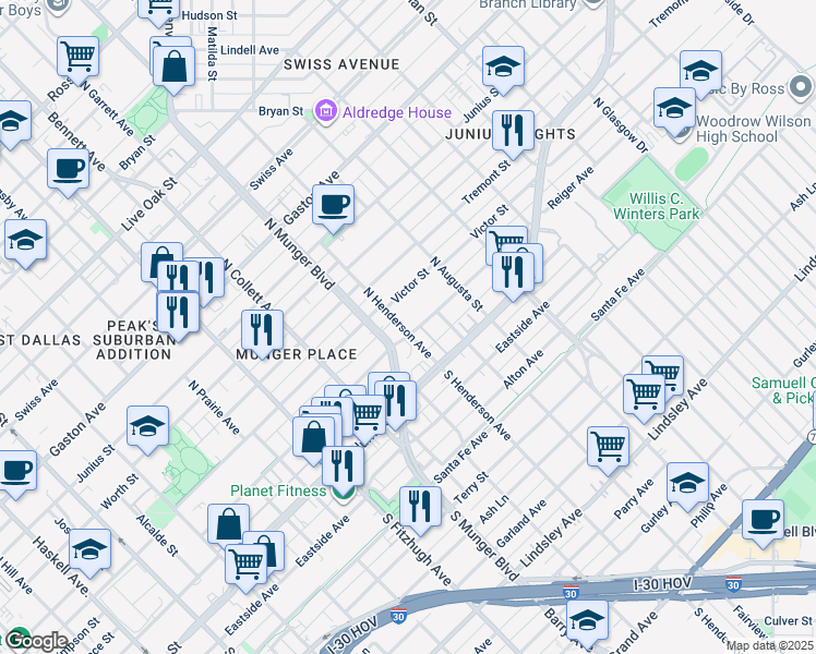 map of restaurants, bars, coffee shops, grocery stores, and more near 5321 Reiger Avenue in Dallas