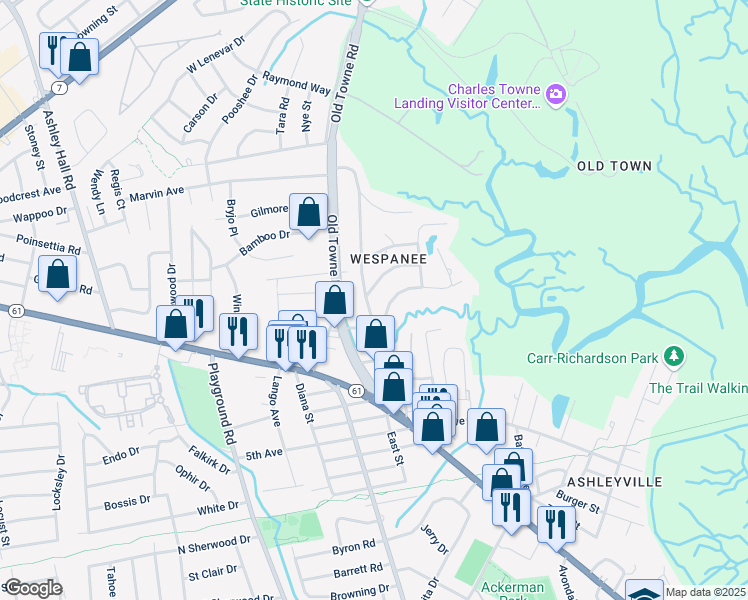 map of restaurants, bars, coffee shops, grocery stores, and more near 16 Wespanee Drive in Charleston