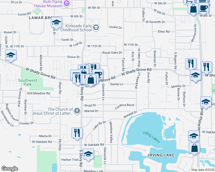 map of restaurants, bars, coffee shops, grocery stores, and more near 2136 Sandy Lane in Irving