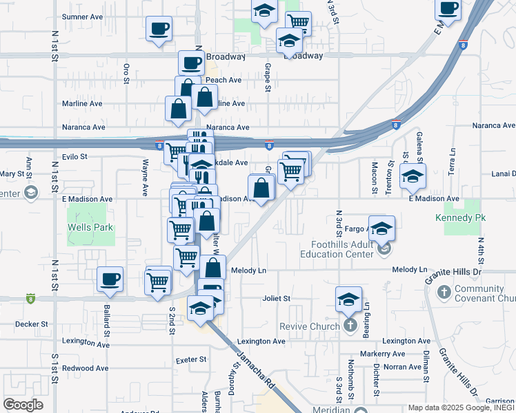 map of restaurants, bars, coffee shops, grocery stores, and more near 1378 East Madison Avenue in El Cajon