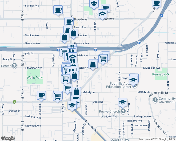 map of restaurants, bars, coffee shops, grocery stores, and more near 1378 East Madison Avenue in El Cajon