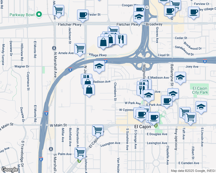 map of restaurants, bars, coffee shops, grocery stores, and more near 411 West Madison Avenue in El Cajon