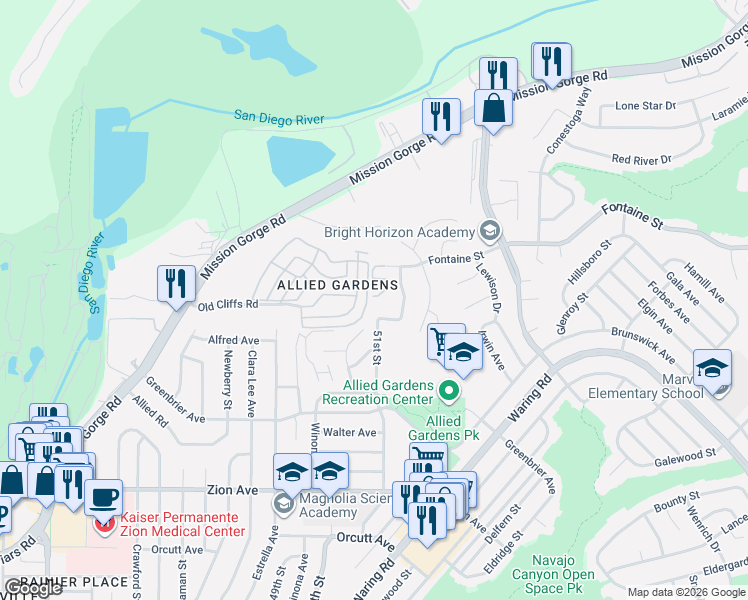 map of restaurants, bars, coffee shops, grocery stores, and more near 5013 Old Cliffs Road in San Diego