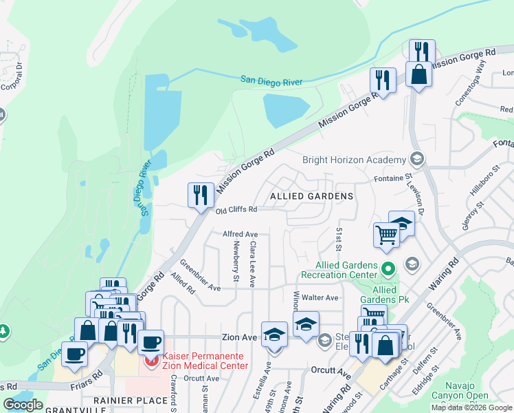 map of restaurants, bars, coffee shops, grocery stores, and more near 4850 Old Cliffs Road in San Diego
