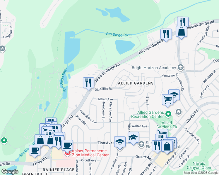 map of restaurants, bars, coffee shops, grocery stores, and more near 4850 Old Cliffs Road in San Diego