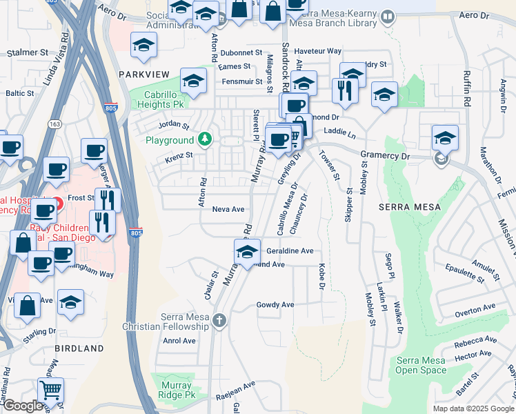 map of restaurants, bars, coffee shops, grocery stores, and more near 8666 Macawa Avenue in San Diego