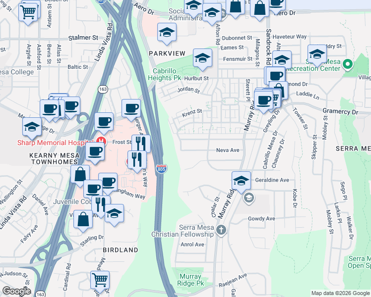 map of restaurants, bars, coffee shops, grocery stores, and more near 8354 Macawa Avenue in San Diego