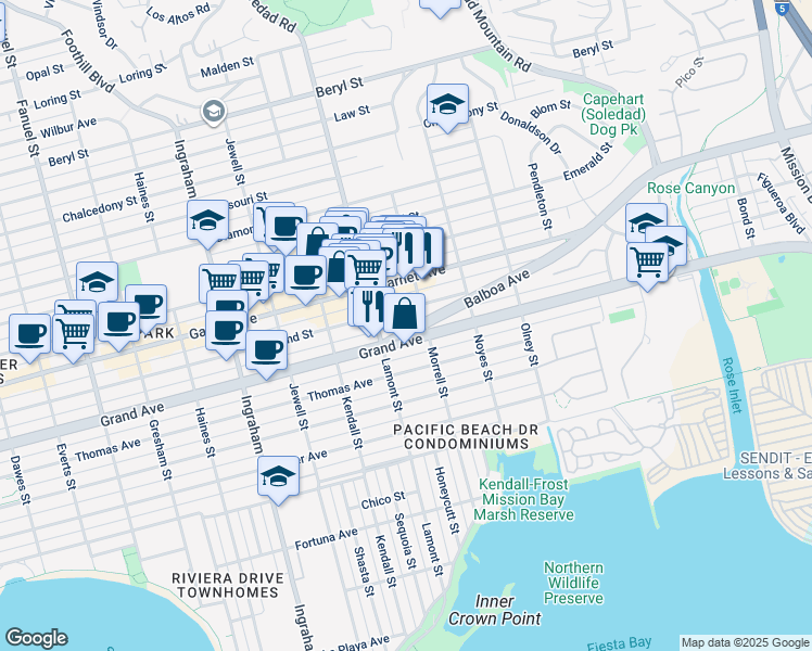 map of restaurants, bars, coffee shops, grocery stores, and more near 1944 Hornblend Street in San Diego
