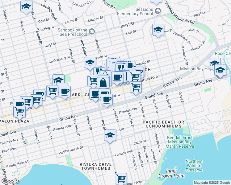 map of restaurants, bars, coffee shops, grocery stores, and more near 1730 Garnet Avenue in San Diego