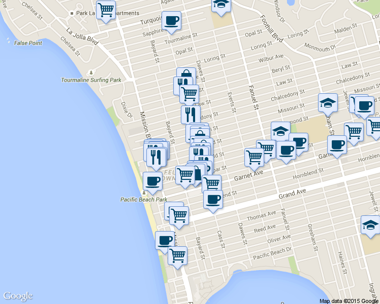 map of restaurants, bars, coffee shops, grocery stores, and more near 951 Missouri Street in San Diego