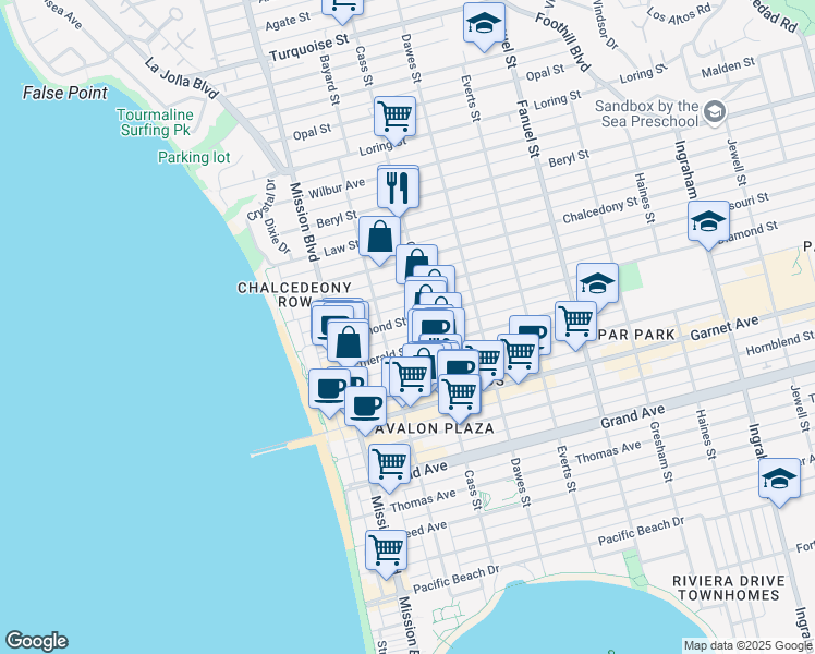 map of restaurants, bars, coffee shops, grocery stores, and more near 951 Missouri Street in San Diego