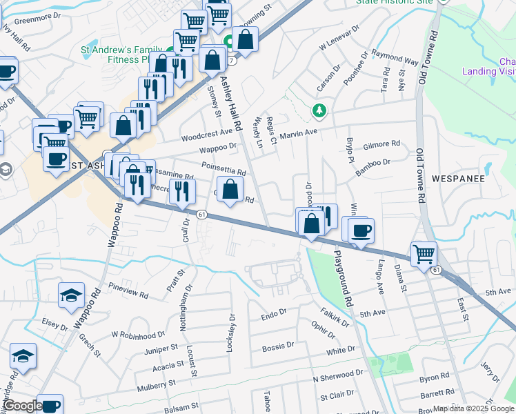 map of restaurants, bars, coffee shops, grocery stores, and more near 1504 Gardenia Road in Charleston