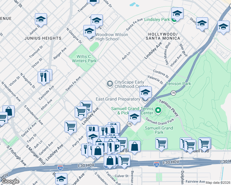 map of restaurants, bars, coffee shops, grocery stores, and more near 712 Martinique Avenue in Dallas