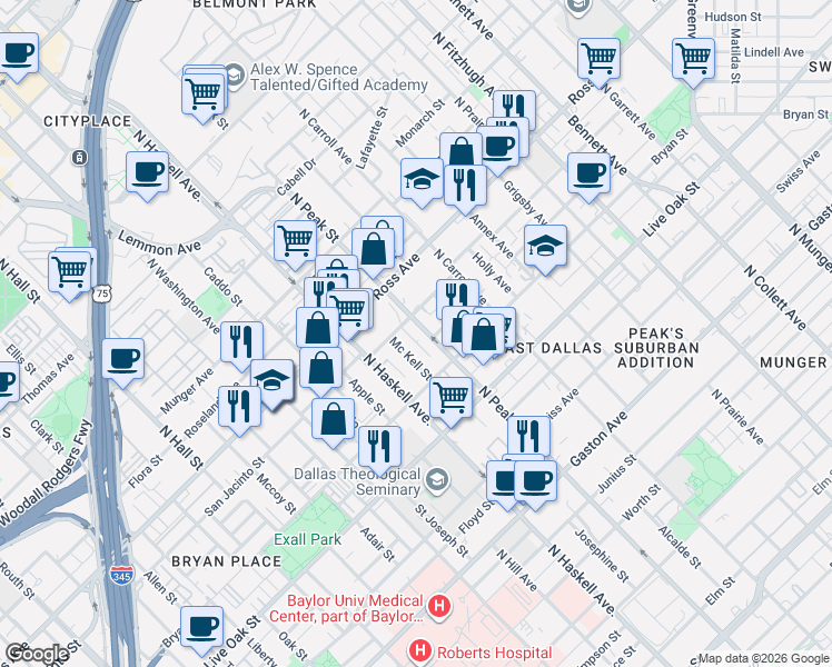 map of restaurants, bars, coffee shops, grocery stores, and more near in Dallas