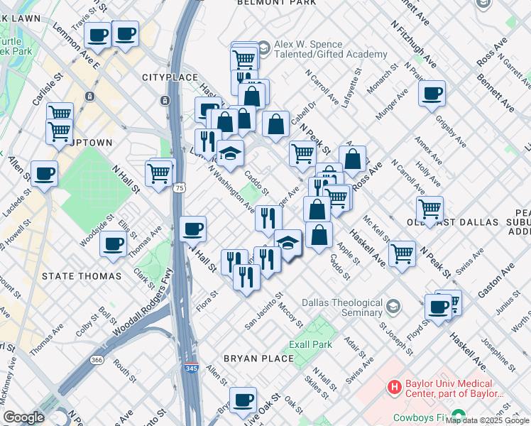 map of restaurants, bars, coffee shops, grocery stores, and more near 1909 Caddo Street in Dallas
