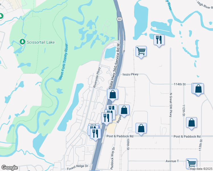 map of restaurants, bars, coffee shops, grocery stores, and more near 2825 North Highway 360 in Grand Prairie