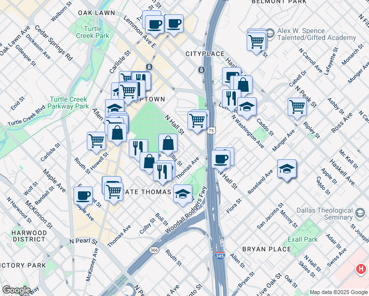 map of restaurants, bars, coffee shops, grocery stores, and more near 2420 Hugo Street in Dallas