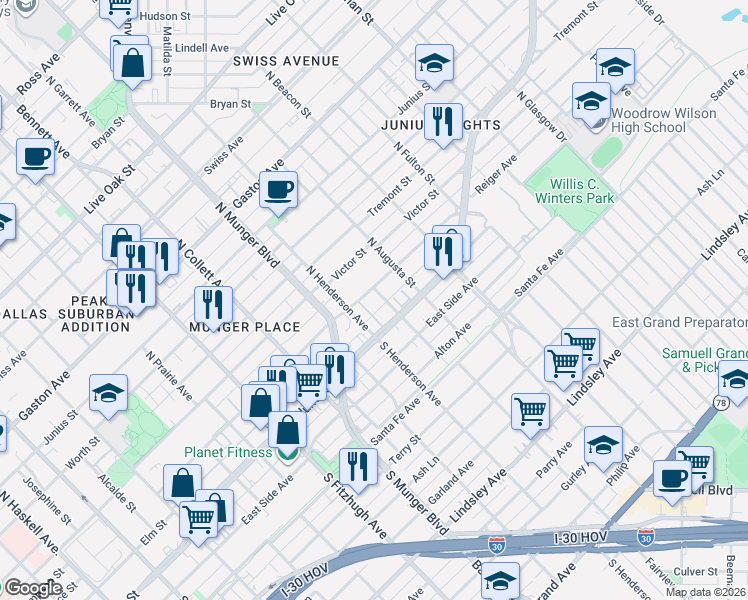 map of restaurants, bars, coffee shops, grocery stores, and more near 5414 Reiger Avenue in Dallas