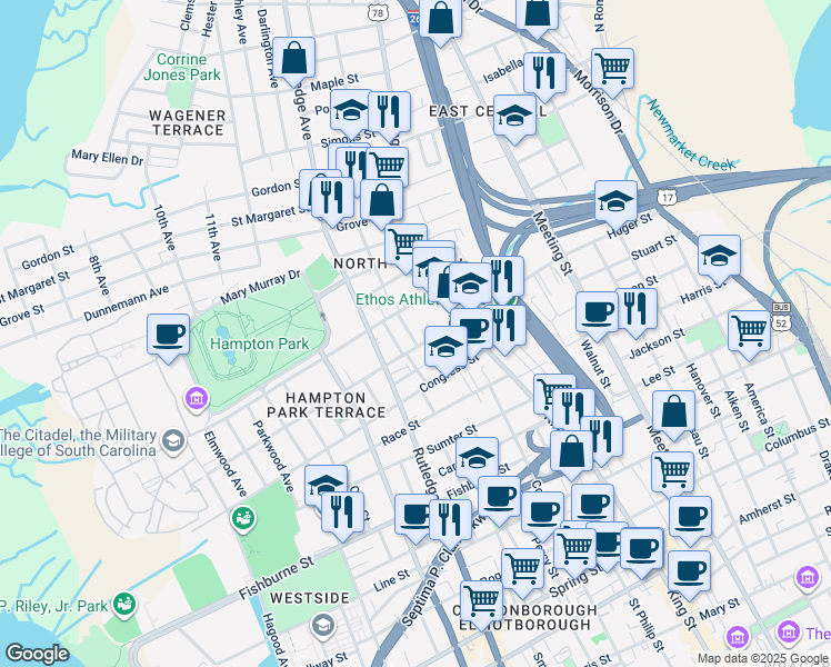 map of restaurants, bars, coffee shops, grocery stores, and more near 8 North Tracy Street in Charleston
