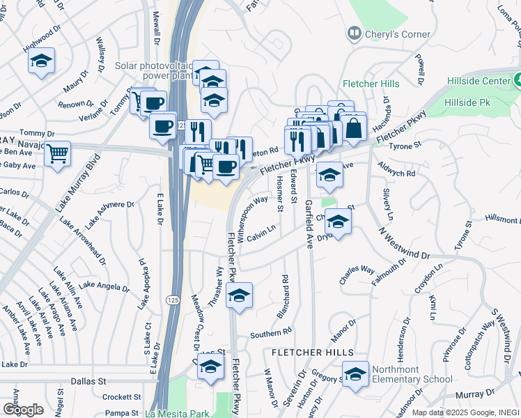 map of restaurants, bars, coffee shops, grocery stores, and more near 2675 Fletcher Parkway in El Cajon