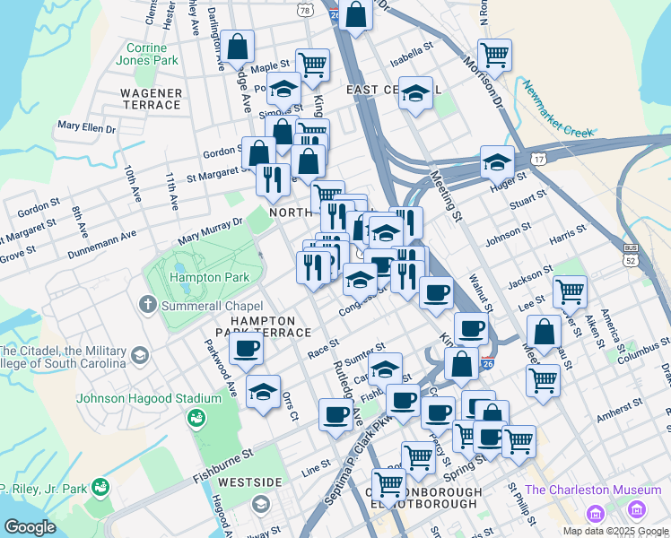 map of restaurants, bars, coffee shops, grocery stores, and more near 8 North Tracy Street in Charleston