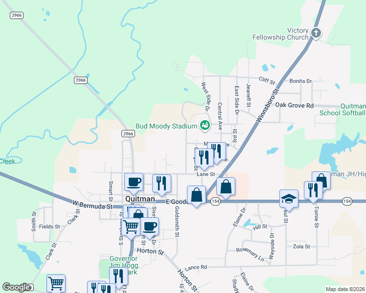 map of restaurants, bars, coffee shops, grocery stores, and more near 602 Puckett Street in Quitman