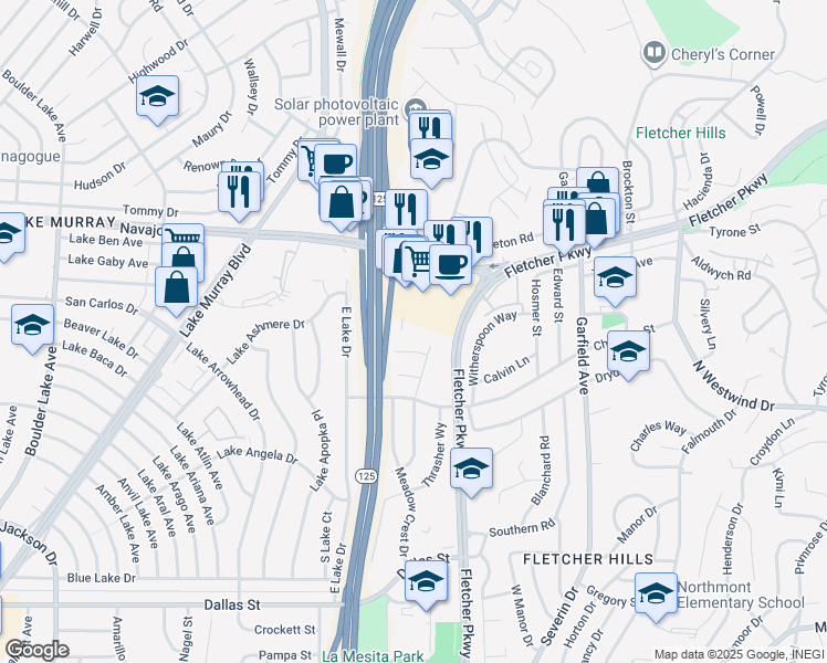 map of restaurants, bars, coffee shops, grocery stores, and more near 2950 Fletcher Parkway in El Cajon
