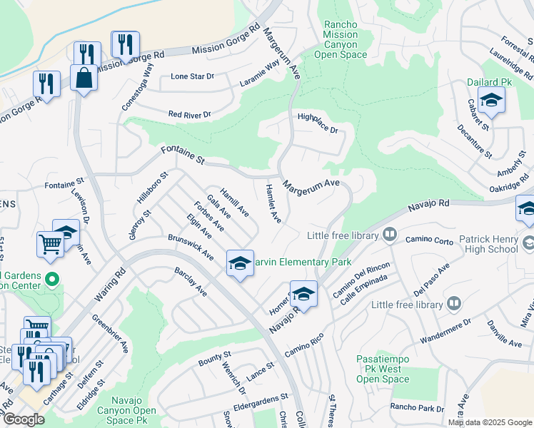 map of restaurants, bars, coffee shops, grocery stores, and more near 7328 Hamlet Avenue in San Diego