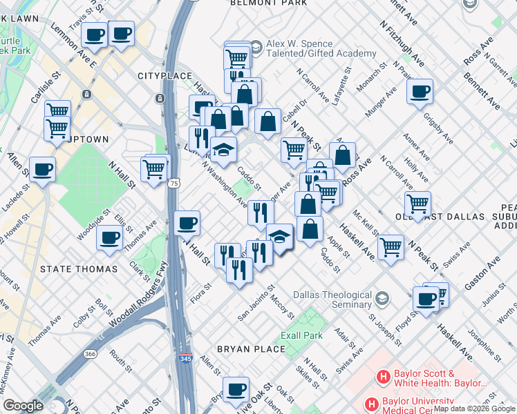 map of restaurants, bars, coffee shops, grocery stores, and more near 1909 Caddo Street in Dallas