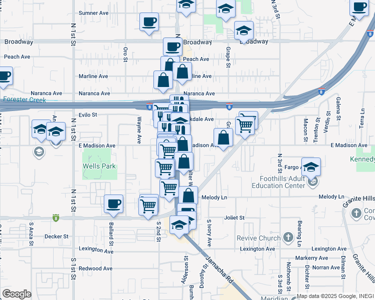 map of restaurants, bars, coffee shops, grocery stores, and more near 511 County Highway S17 in El Cajon