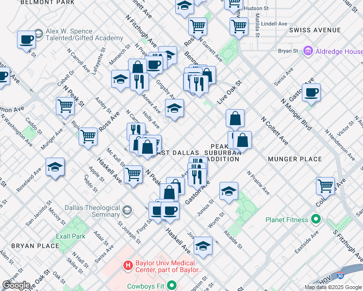 map of restaurants, bars, coffee shops, grocery stores, and more near 4524 Live Oak Street in Dallas
