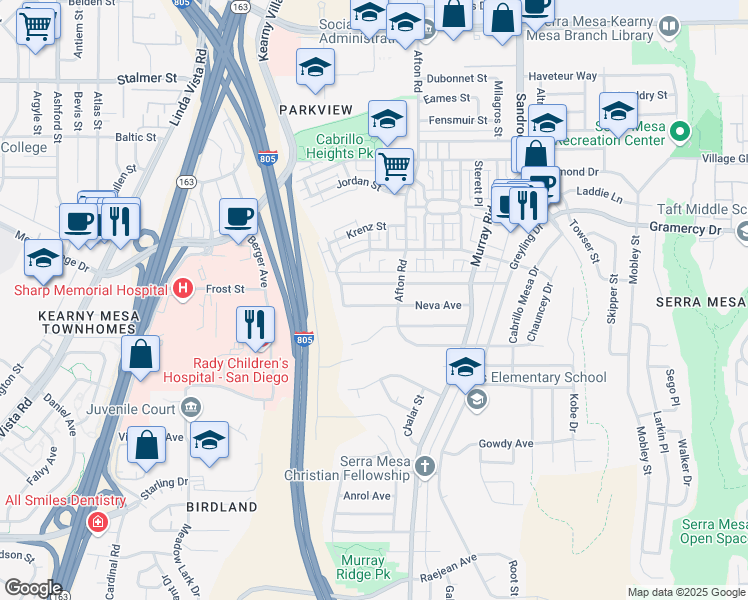 map of restaurants, bars, coffee shops, grocery stores, and more near 8402 Neva Avenue in San Diego