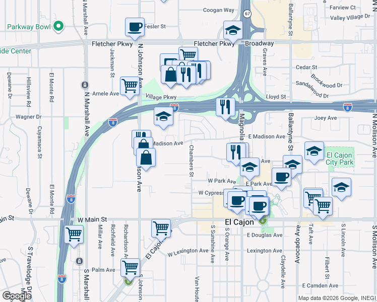 map of restaurants, bars, coffee shops, grocery stores, and more near 440 Chambers Street in El Cajon