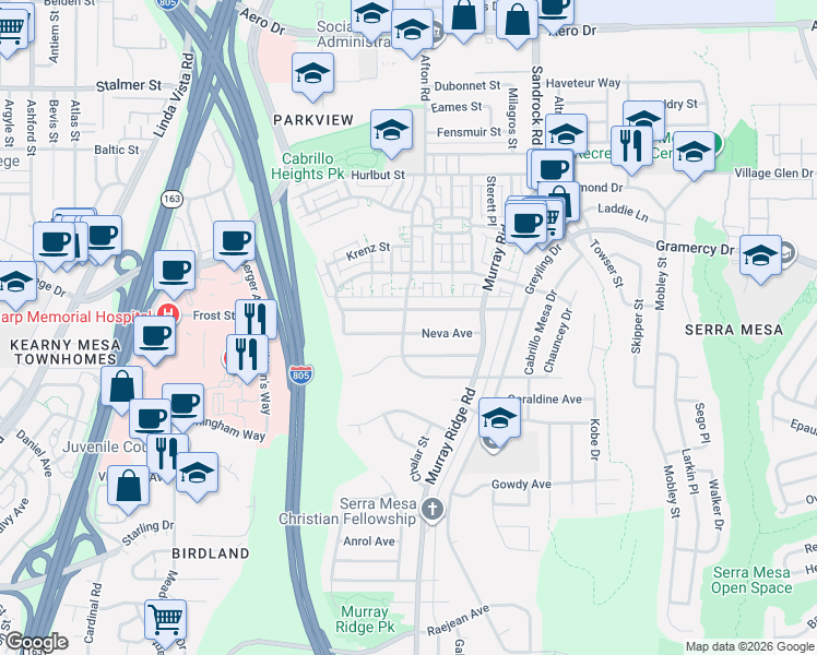 map of restaurants, bars, coffee shops, grocery stores, and more near 3078 Afton Road in San Diego