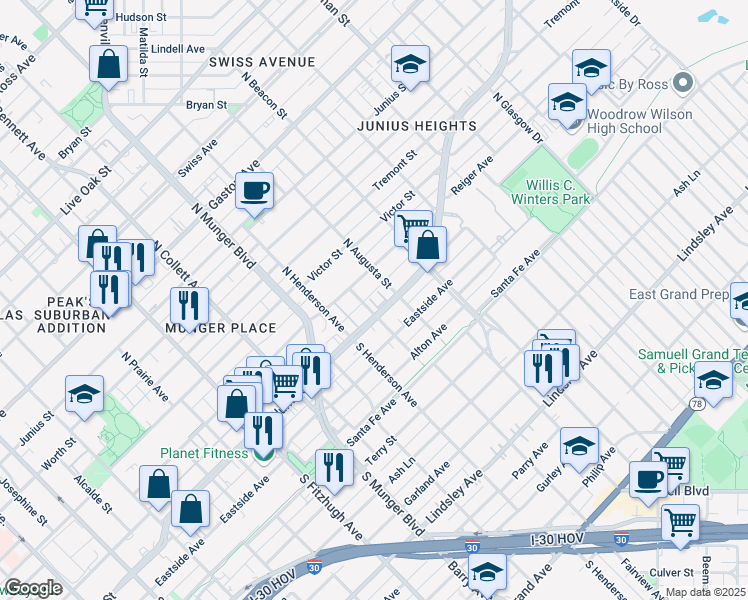 map of restaurants, bars, coffee shops, grocery stores, and more near 5411 Columbia Avenue in Dallas